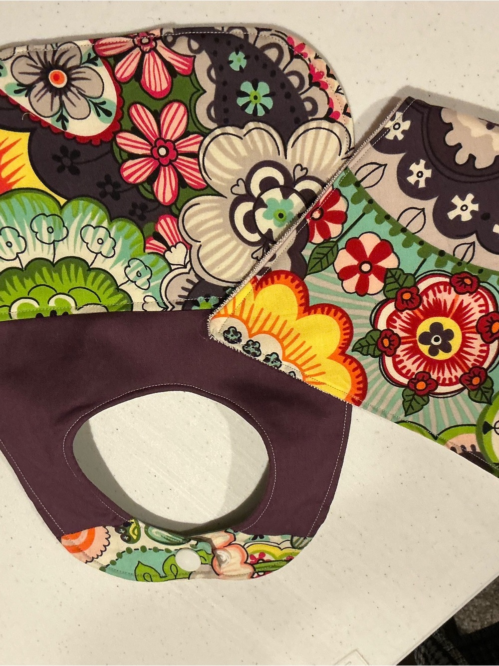 Hand Crafted Reversible Floral Bib - Purple and Multi